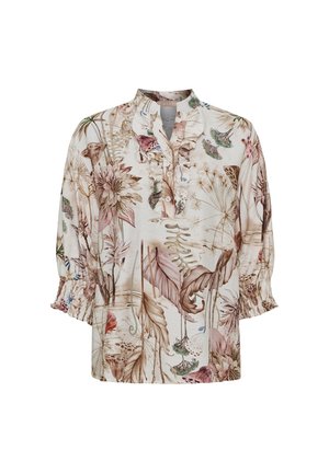 Langærmet bluse med flæset krave og manchetter, med et delikat blomster- og bladmotiv i bløde lyserøde, beige og grønne nuancer.