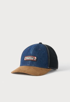 Baseballkappe mit blauer Denim-Front, schwarzen Paneelen, braunem Cord-Bügel und einem Replay-Logo vorne.