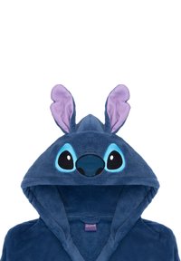 Fleece hoodie in navy blue with a plush hood featuring a character face, large eyes, and purple ear accents. Tag visible inside.