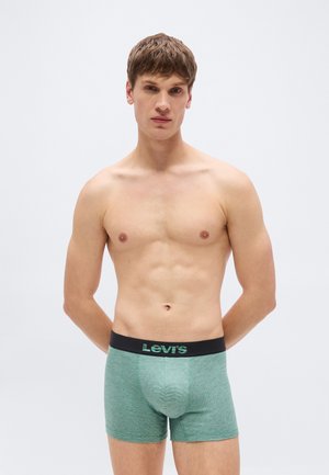 Γυμνόστηθος νεαρός με κοντά μαλλιά, φορώντας πράσινα εσώρουχα Levi’s boxer, στέκεται με τα χέρια πίσω από την πλάτη σε απλό φόντο.