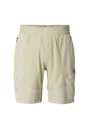 Hellbeige Shorts aus Stretchstoff mit glatter Textur, elastischem Bund und Logo-Akzent auf der linken Seite.