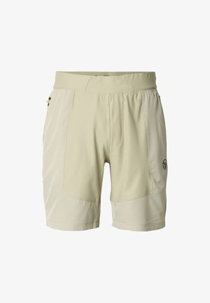 Hellbeige Shorts aus Stretchstoff mit glatter Textur, elastischem Bund und Logo-Akzent auf der linken Seite.