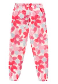 Joggers floraux avec une texture douce, présentant un motif tie-dye rose, rouge et bleu clair, une ceinture élastique et des poignets effilés.