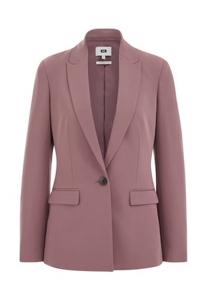 Rozā piegriezts žakete ar vienu pogu, atlokiem ar šķēlumu un divām priekšējām kabatām. Gluda auduma faktūra ar piegulētu siluetu.