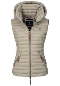 Lichtbeige gewatteerde vest met capuchon, voorzien van verticale stiksels, een ritssluiting aan de voorkant en twee met een rits afgesloten zakken met leren accenten.