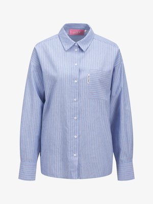 Light blue button-up shirt with vertical white and red stripes, long sleeves, and a single chest pocket; made of textured fabric.