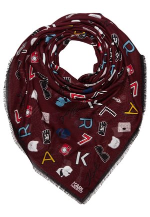 Bourgogne tørklæde med flerfarvede bogstaver, solbriller, katteansigter, kameraer, handsker og Karl Lagerfeld logo designs på stoffet.