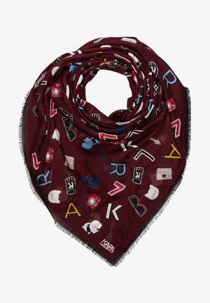 Bourgogne tørklæde med flerfarvede bogstaver, solbriller, katteansigter, kameraer, handsker og Karl Lagerfeld logo designs på stoffet.
