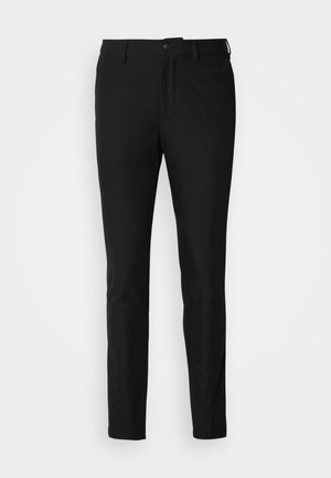 Black trousers with a slim fit, featuring a button closure, zip fly, and two front pockets. Smooth fabric with a matte finish.
