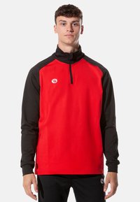 Rot- und schwarz gestreifter Viertelreißverschluss-Pullover mit langen Ärmeln, ausgestattet mit einer weichen Textur und einem kleinen Logo auf der Brust. Schlichtes Design.