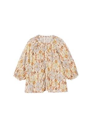 Blouse ample crème avec manches ballon trois-quarts, col rond, et motifs floraux et géométriques orange, jaune et bleu clair.