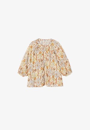 Blouse ample crème avec manches ballon trois-quarts, col rond, et motifs floraux et géométriques orange, jaune et bleu clair.