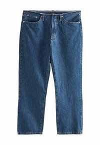 Blugi din denim albastru cu un design drept, stil cu cinci buzunare și cusături în contrast. Prezintă un fermoar la închidere și bucle pentru curea.