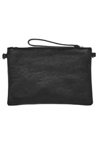 Black leather clutch with a textured surface, zip closure at the top, and a wrist strap attached on one side. Rectangular shape, minimalist design.