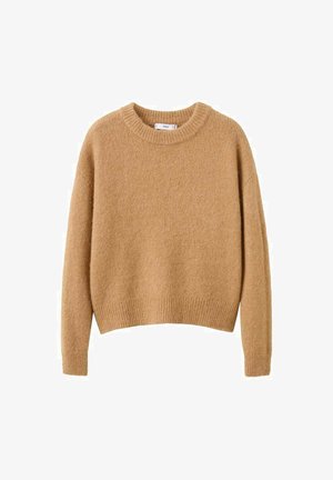 Beige cropped trui gemaakt van een zachte, gestructureerde stof. Heeft een ronde halslijn en lange mouwen met geribbelde details aan de zoom.