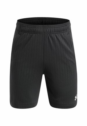 Schwarze Sportshorts mit dezenten vertikalen Strukturstreifen, elastischem Bund, Seitentaschen und einem kleinen weißen Under Armour-Logo am linken Bein.