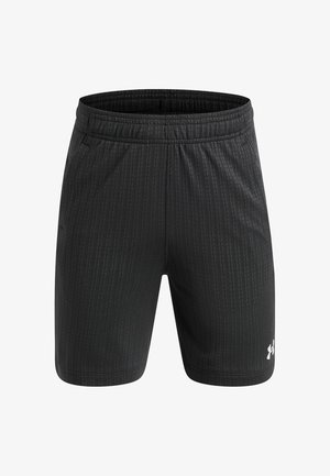 Short de sport noir avec de subtiles lignes verticales texturées, ceinture élastique, poches latérales et un petit logo blanc Under Armour sur la jambe gauche.