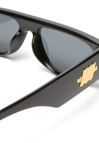 Occhiali da sole neri con lenti grigie. La montatura presenta un design elegante e un logo dorato prominente sulla stecca. Finiti con una texture lucida.