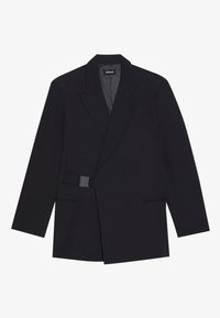 Schwarzer maßgeschneiderter Blazer mit reveriertem Kragen, Einknopfverschluss und strukturierten Akzenten. Verfügt über zwei Fronttaschen und eine strukturierte Silhouette.
