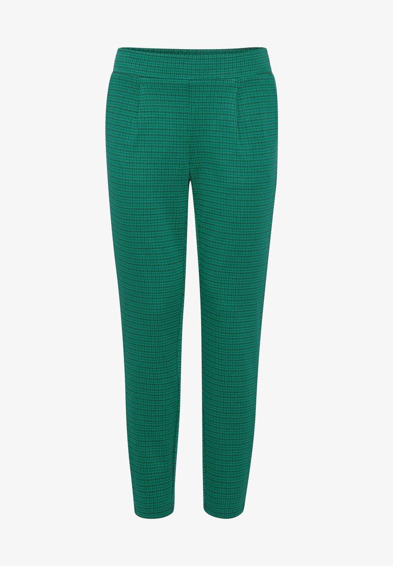 Pantalon vert coupe slim avec un petit motif à carreaux noirs, taille plate et jambes fuselées.