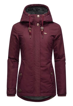 BurGundy jacket made of textured fabric with a drawstring hood, two front pockets, and bronze hardware accents. Fleece-lined interior.