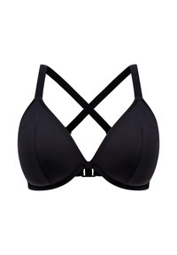 Sujetador negro con forma triangular, tela lisa, tirantes cruzados en la espalda y cierre de gancho. Presenta un diseño sin costuras.