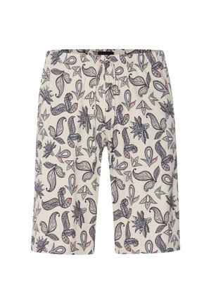 Cremfarbene Shorts mit schwarzen und roten Paisley- sowie Blattmustern, ausgestattet mit einem elastischen Bund und einer Kordelzugvorderseite.