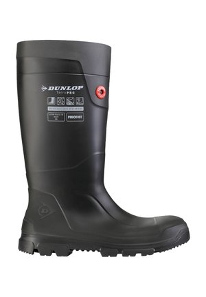 Black Dunlop Terra PRO waterproof safety boot with reinforced sole and ankle, labeled with safety and temperature ratings.