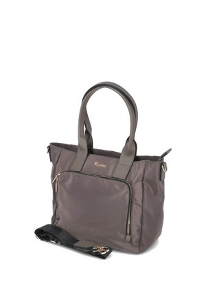 Gray tote bag with dual handles and front zip pocket, accompanied by a detachable black shoulder strap with gold-tone clasps.