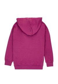 Fuchsia hooded sweatshirt made of soft cotton blend, featuring long sleeves and a kangaroo pocket, with ribbed cuffs and hemline.