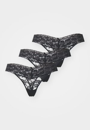 Set di lingerie in pizzo nero con motivi floreali, bande elastiche e design senza cuciture per il comfort. Include tre pezzi.