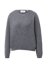 Szary sweter dzianinowy z okrągłym dekoltem, długimi rękawami i luźnym krojem. Charakteryzuje się miękką fakturą i subtelnym połyskiem, oznaczony metką "COMMA."
