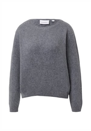 Szary sweter dzianinowy z okrągłym dekoltem, długimi rękawami i luźnym krojem. Charakteryzuje się miękką fakturą i subtelnym połyskiem, oznaczony metką "COMMA."