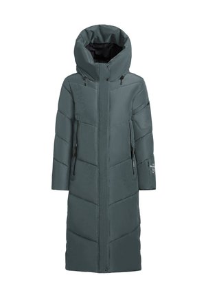 Lange, met capuchon, donker tealm kleurige pufferjas met een chevron-gestikt patroon, met ritszakken aan de zijkant en drukknoopsluitingen aan de onderkant. Gemaakt van een glad materiaal.