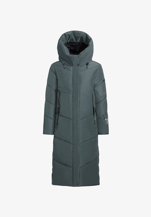 Lange, met capuchon, donker tealm kleurige pufferjas met een chevron-gestikt patroon, met ritszakken aan de zijkant en drukknoopsluitingen aan de onderkant. Gemaakt van een glad materiaal.