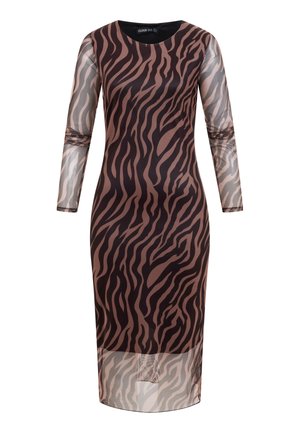 Abito a maniche lunghe, lungo fino al ginocchio, con stampa a zebra marrone e nera, caratterizzato da maniche e orlo in rete trasparente e girocollo.