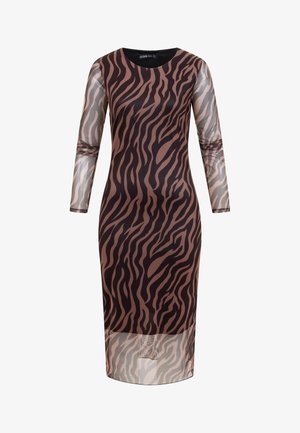 Long-sleeve, knee-length dress with brown and black zebra print, featuring sheer mesh sleeves and hem with a round neckline.