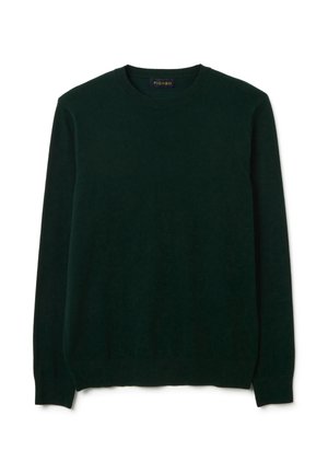 Suéter de cuello redondo verde oscuro hecho de una tela suave, con mangas largas y puños y dobladillo en canalé. Textura lisa, sin patrones ni acentos.