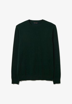 Donkergroen crewneck trui van zachte stof, met lange mouwen en geribbelde manchetten en zoom. Soepele textuur, geen patronen of accenten.