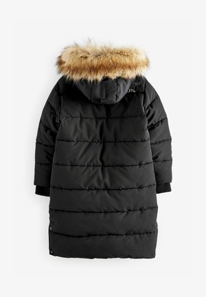 Zwarte pufferjas met een afneembare faux fur-gevoerde capuchon, geribbelde manchetten, gestikte panelen en drukknoopsluitingen aan de onderkant.