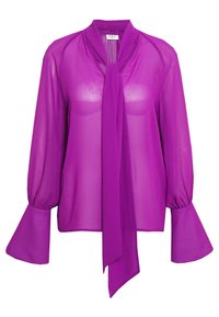 Lila, halbtransparente Bluse mit einer Krawatte am Hals, langen, lässigen Ärmeln und weit ausgestellten Manschetten. Geschmeidige Textur mit fließendem Design.