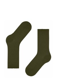 Skarpetki w oliwkowym kolorze, prążkowane, o gładkiej fakturze, w długości do kostki, z wzmocnionymi palcami i piętami dla większej trwałości.