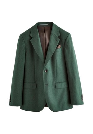 Dunkelgrüner einreihiger Blazer mit Kerb-Revers, einem Knopf, zwei vorderen Pattentaschen und braunem Innenfutter mit Einstecktuch.