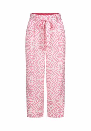 Pink patterned wide-leg trousers with a tie waist, featuring geometric designs in various shades of pink against a light background.