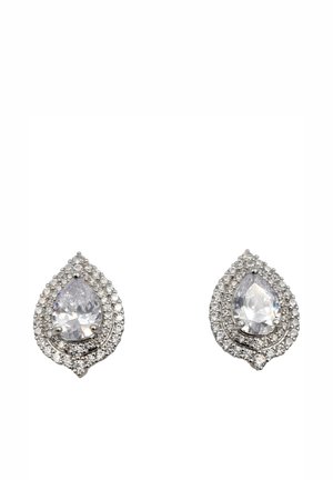 Boucles d'oreilles en forme de goutte d'eau mettant en valeur des pierres transparentes entourées de petits accents en argent, avec une bordure circulaire texturée. Fini brillant et réfléchissant.