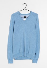 Light blue V-neck sweater with long sleeves, ribbed cuffs and hem, made from a soft, textured fabric. Label visible on the inside collar.