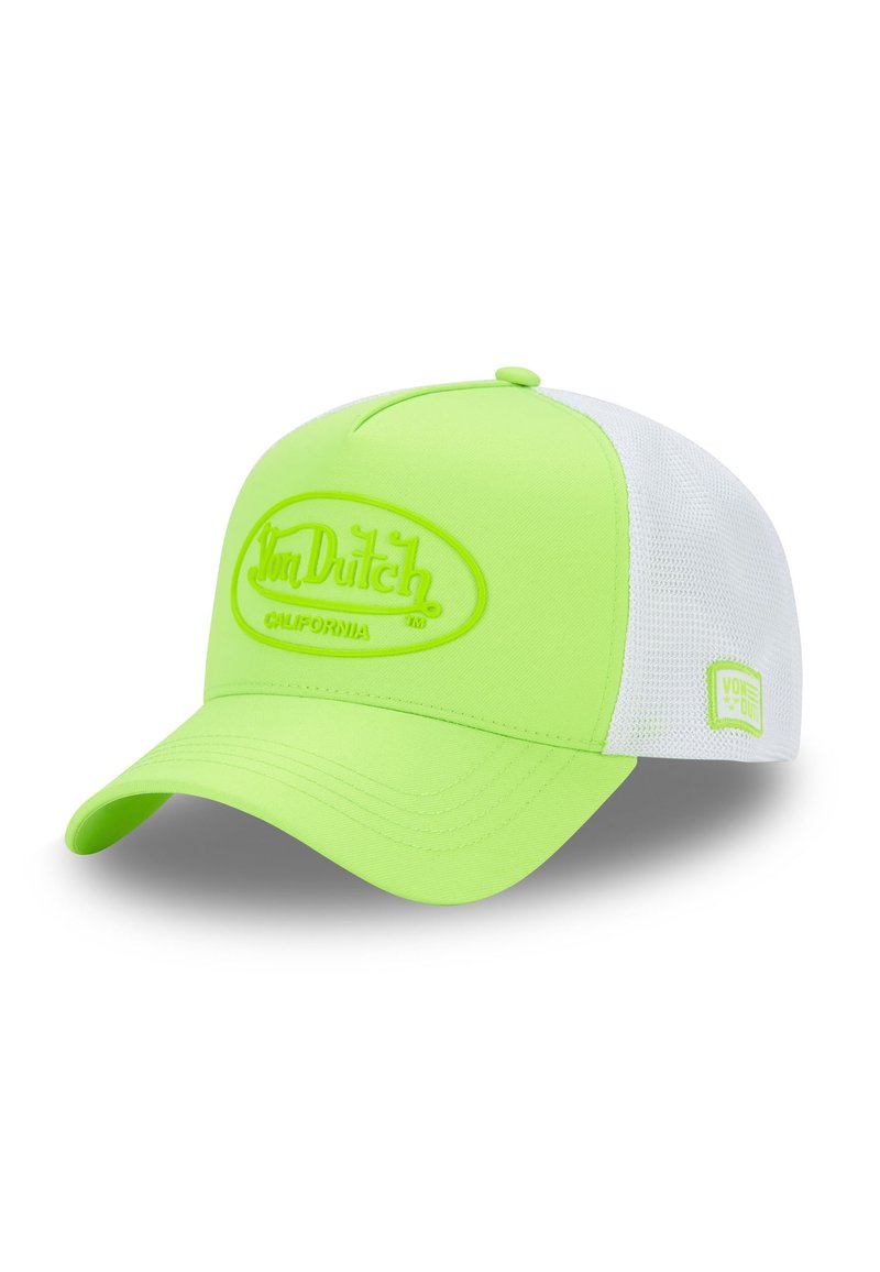 Casquette vert néon avec un dos en maille blanche, dotée d'un logo en relief sur le devant, d'un bord incurvé et de détails de couture visibles.