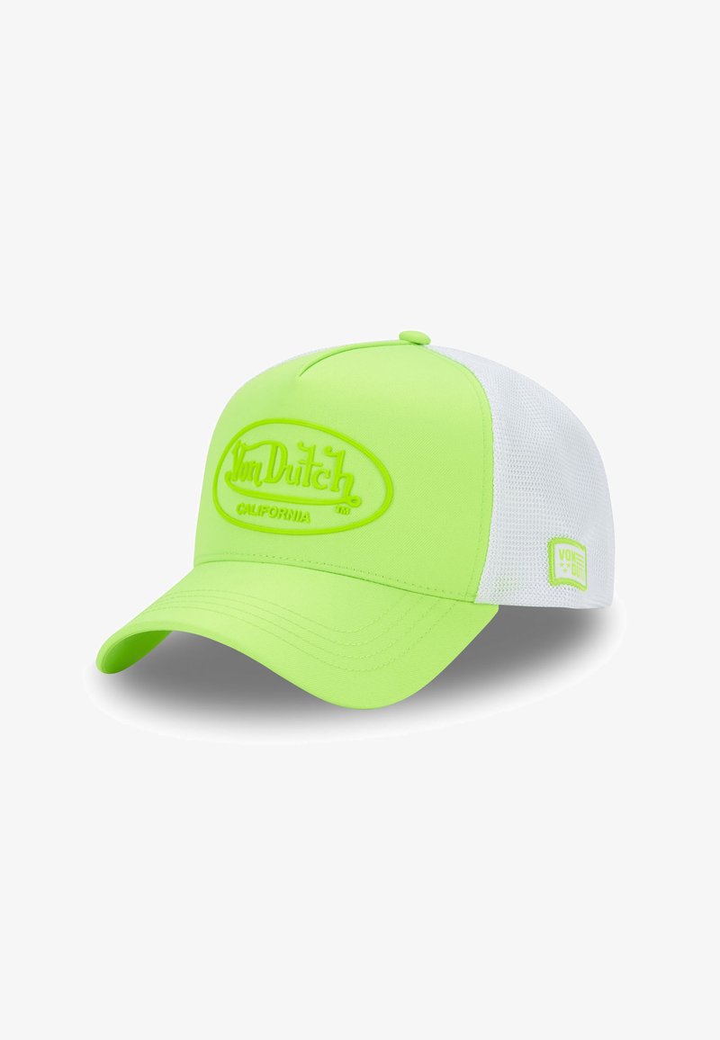 Casquette vert néon avec un dos en maille blanche, dotée d'un logo en relief sur le devant, d'un bord incurvé et de détails de couture visibles.