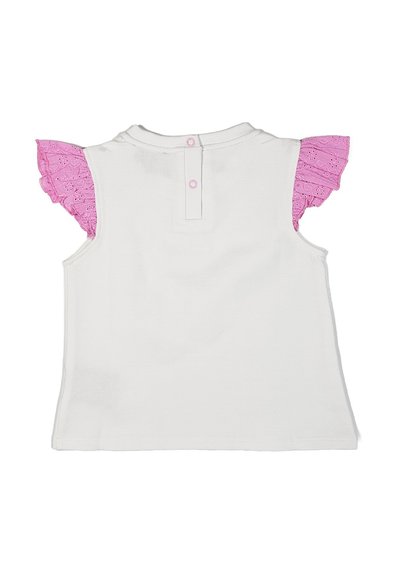 Top bianco senza maniche con volant in pizzo rosa. La parte posteriore presenta una chiusura con bottone e un design a collo rotondo. Tessuto morbido e taglio semplice.