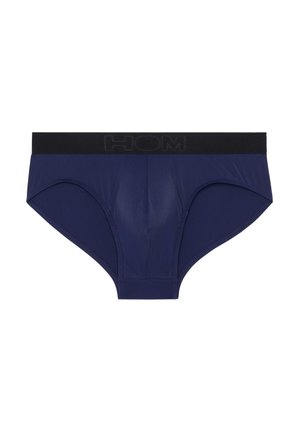 Navy blue cotton briefs with a black elastic waistband featuring the brand name "HOM" embossed. Smooth texture, classic brief design.